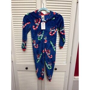 MUNKI MUNKI Kids' Candy Cane Fitted One-piece Hooded Pajamas SZ 5